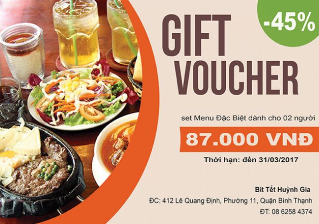 Mẫu voucher miễn phí của Bít tết Huỳnh Gia